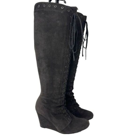 Stuart Weitzman knee high gray suede boots 6.5M riding equestrian wedged lace up - Picture 9 of 9